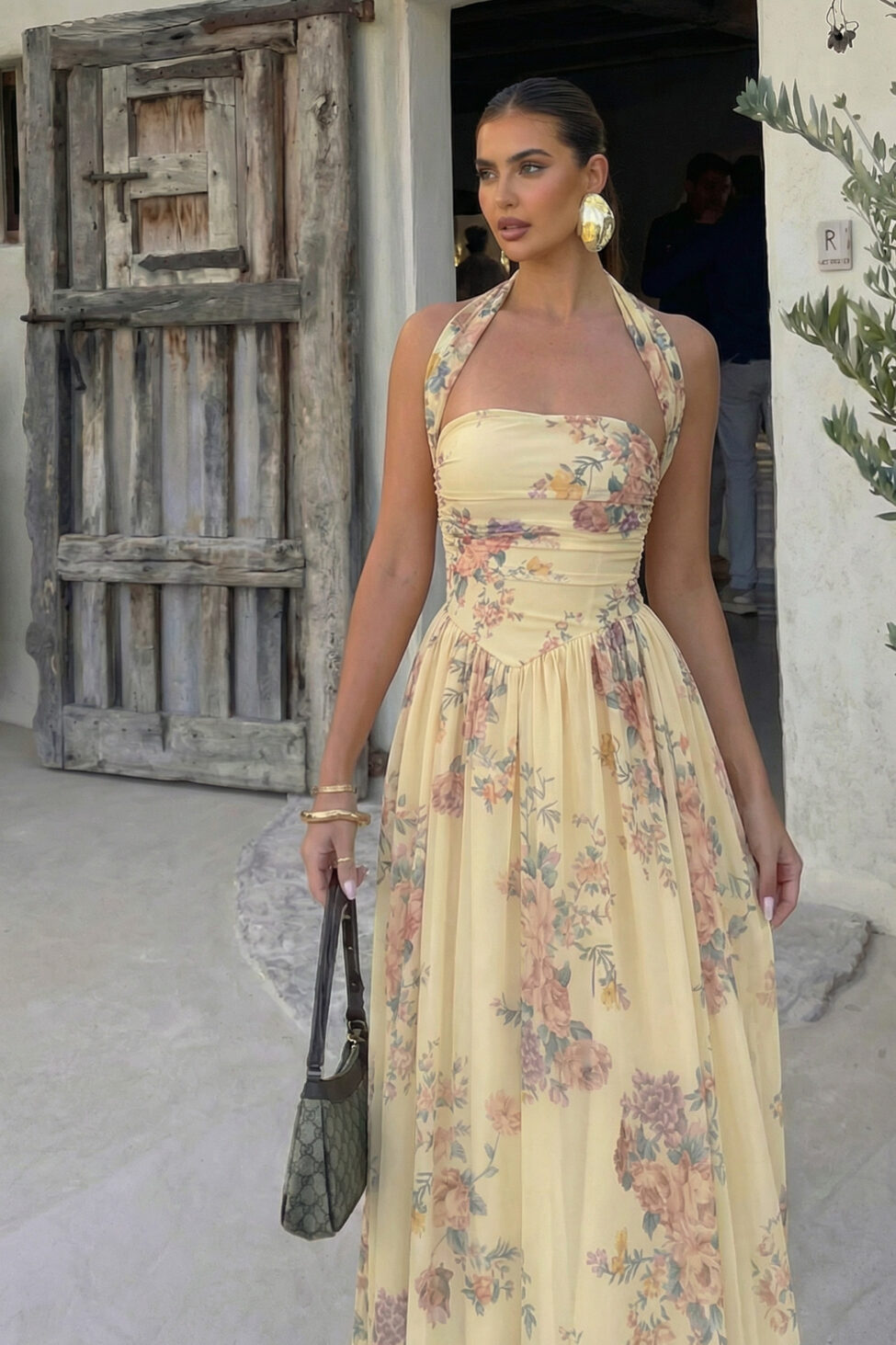 Livia Φόρεμα μαξι στράπλες φλοράλ με φουλάρι κίτρινο - Image 3