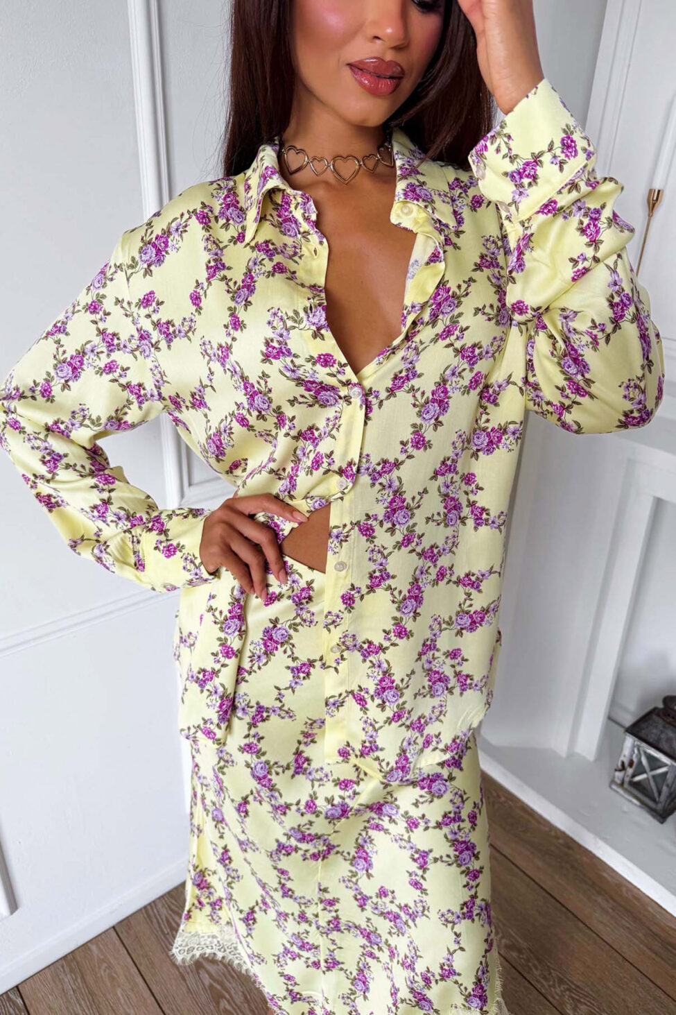 Louane σετ πουκάμισο- φούστα φλοράρ κίτρινο - Image 2