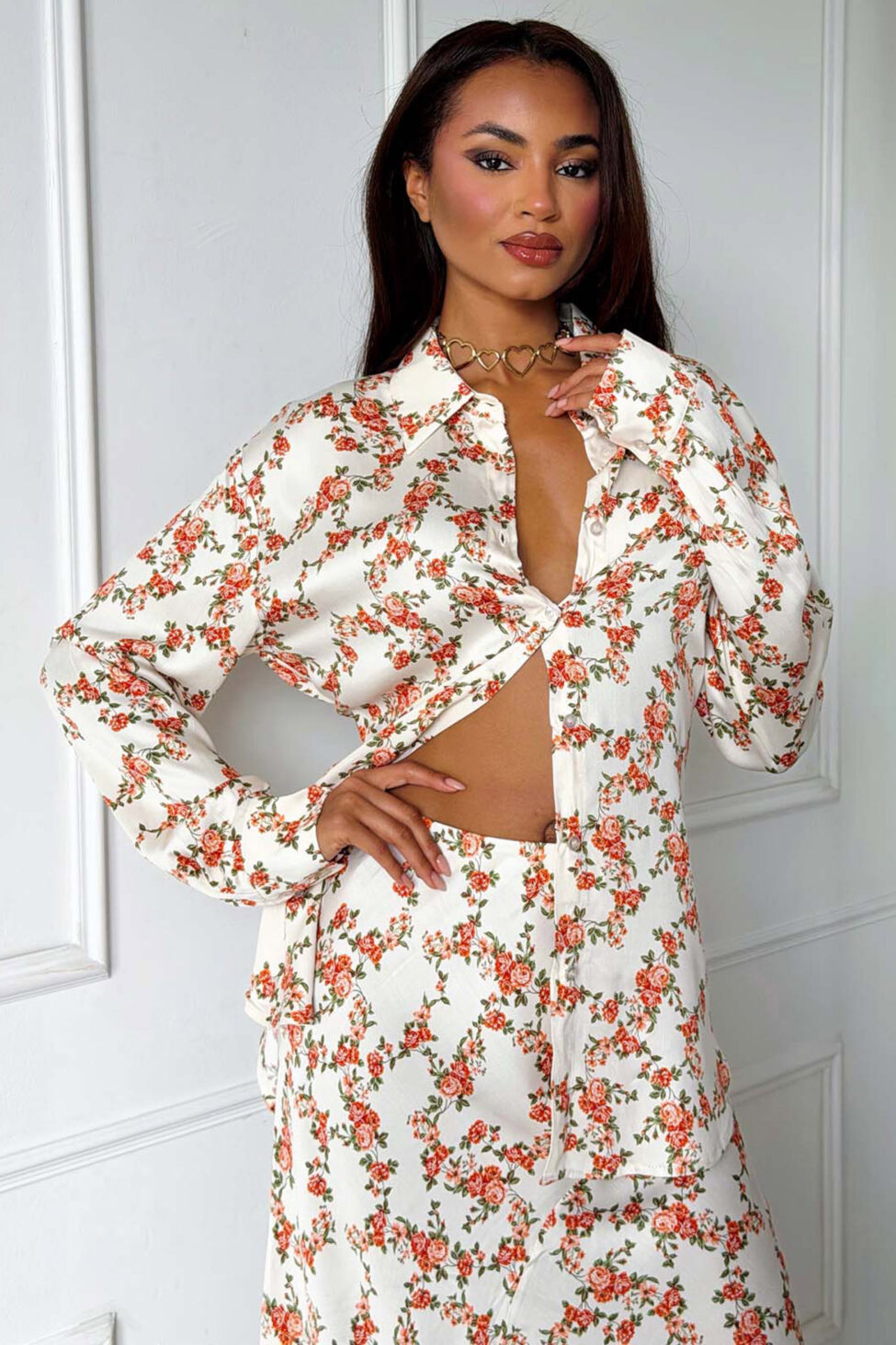 Louane σετ πουκάμισο- φούστα φλοράρ πορτοκαλί - Image 4