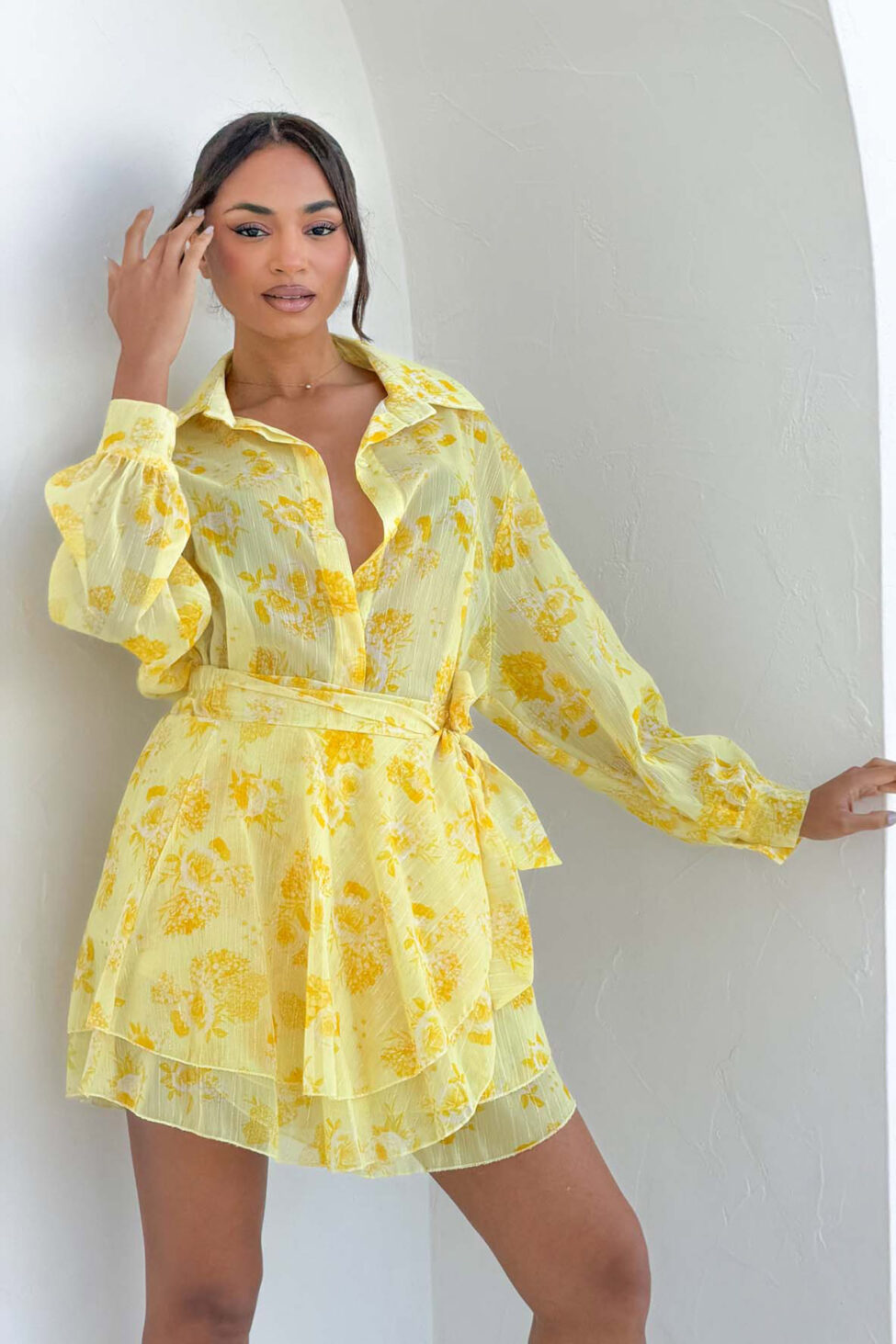 Lylia σετ μίνι φούστα πουκάμισο φλοράλ κίτρινο - Image 2