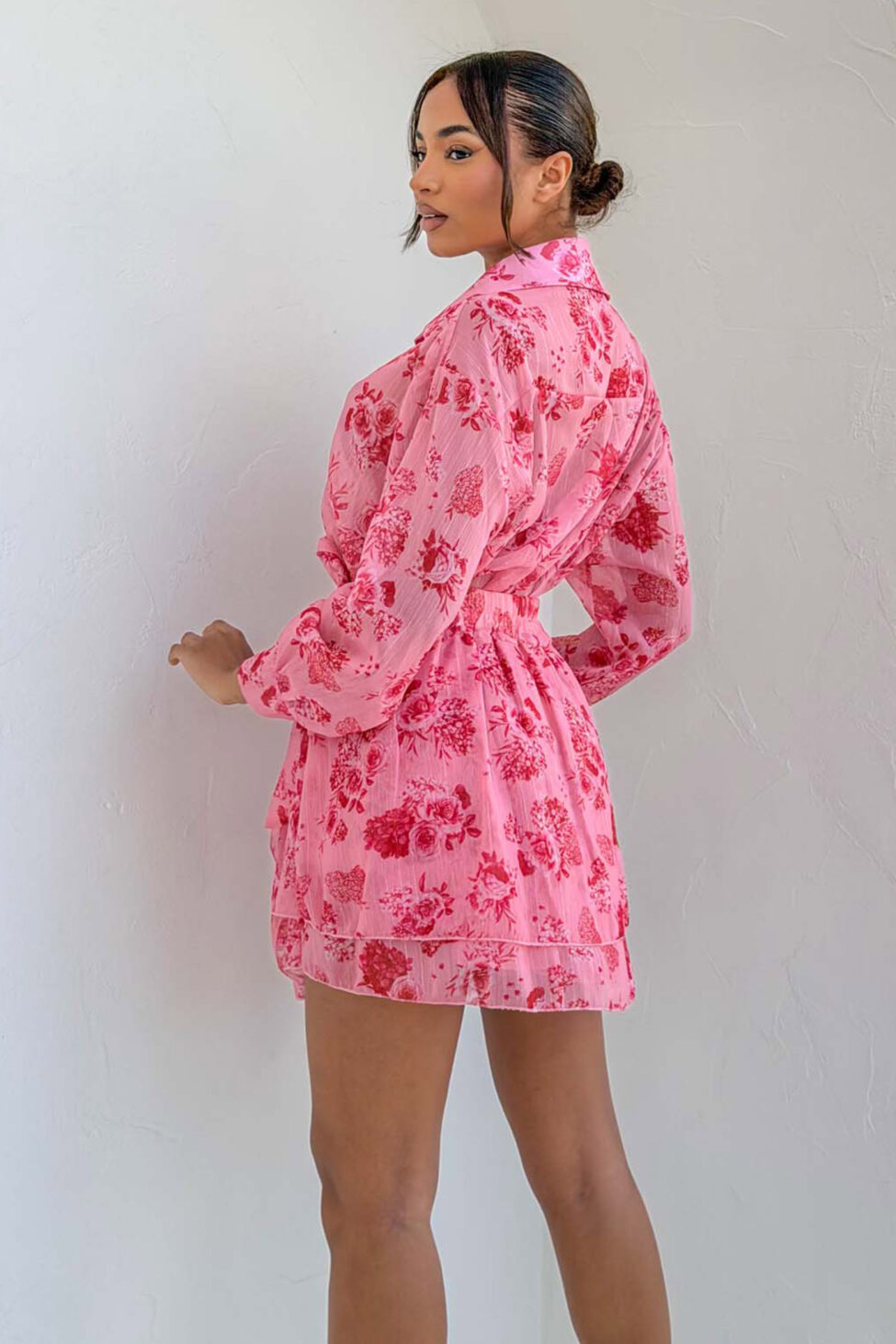 Lylia σετ μίνι φούστα πουκάμισο φλοράλ ροζ - Image 4