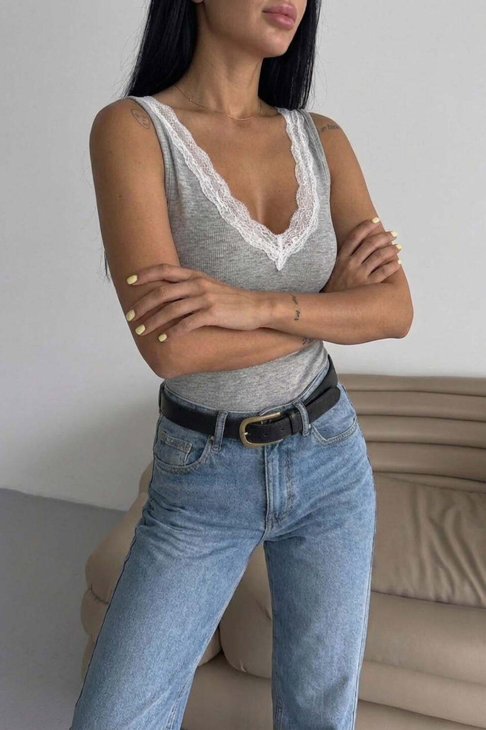 Melanka κορμάκι τοπ με δαντέλα γκρι - Image 2