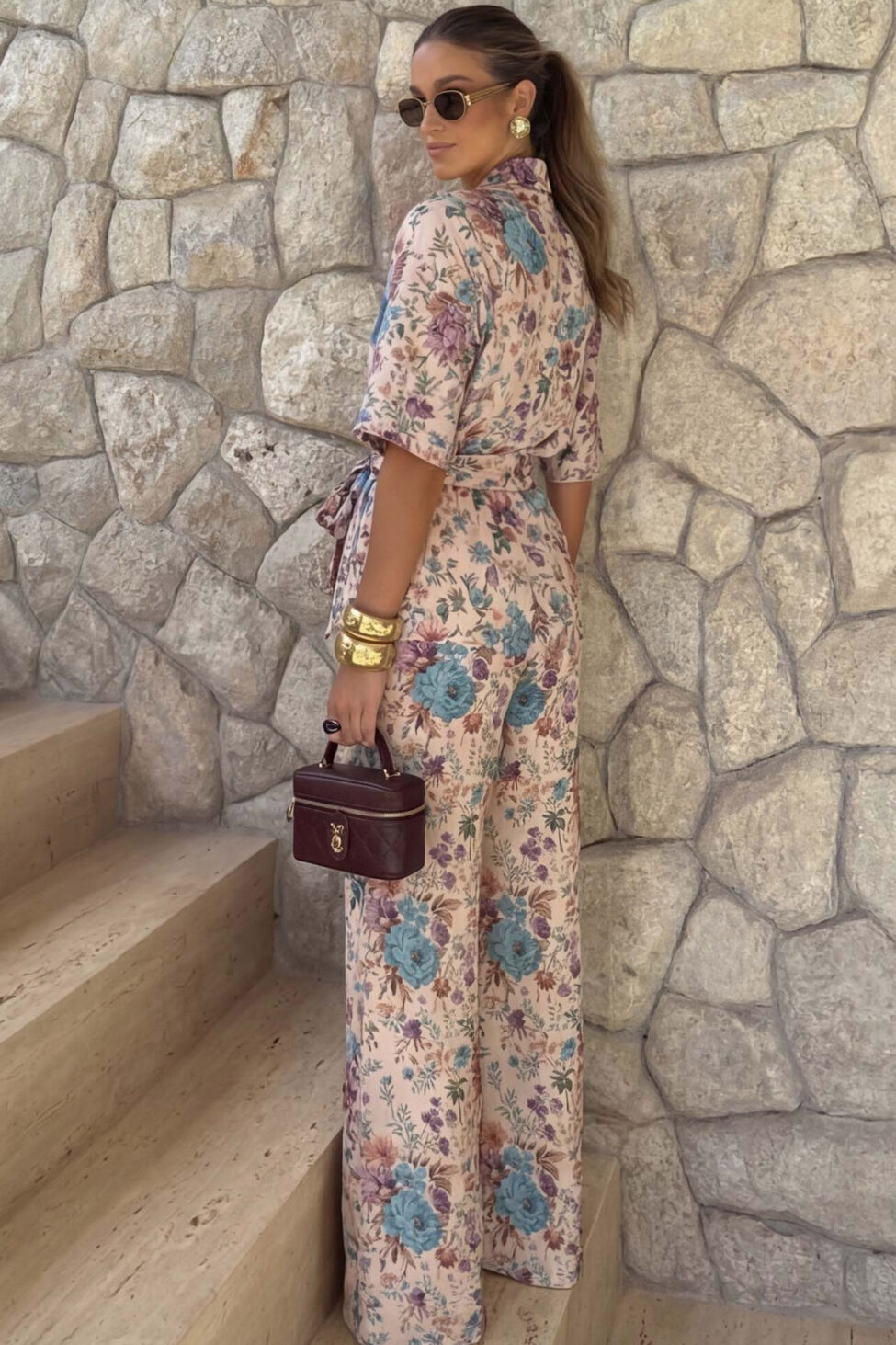 Melda σετ σακάκι κοντομάνικο με παντελόνι φλοράλ μπεζ - Image 2