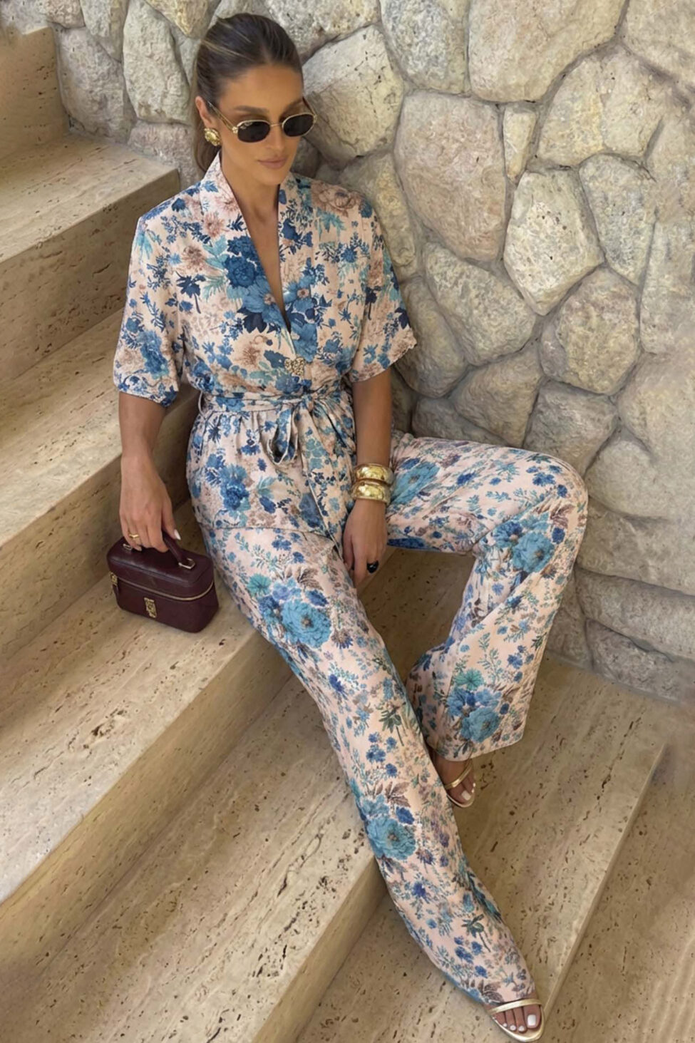 Melda σετ σακάκι κοντομάνικο με παντελόνι φλοράλ μπλε - Image 2