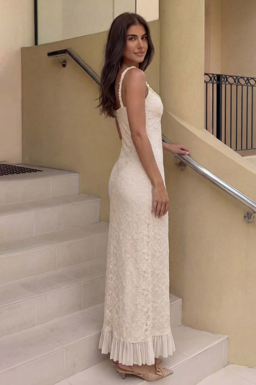 Modena μάξι φόρεμα με δαντέλα μπεζ - Image 2