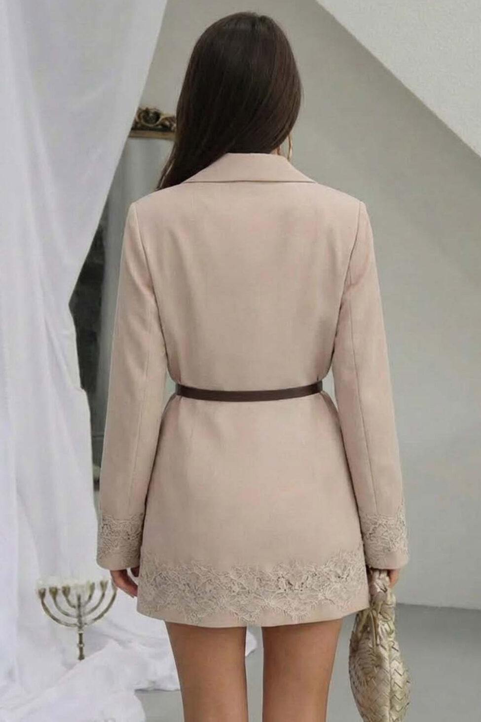 Pepper σακάκι με δαντέλα και ζωνάκι μπεζ - Image 2