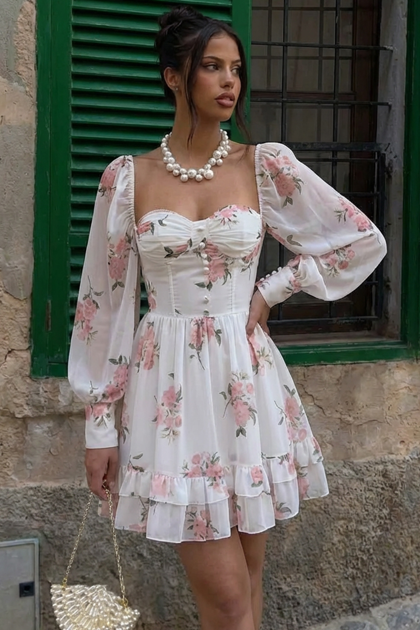 Rosalie φλοράλ μίνι φόρεμα με μανίκι και βολάν λευκό - Image 3