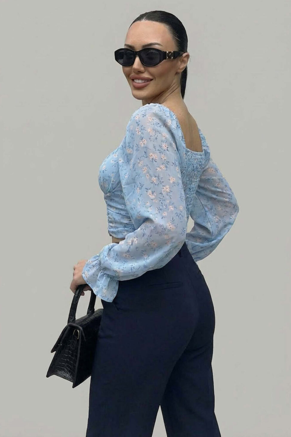 Samak φλοράλ μπλούζα με σούρες σιελ - Image 2