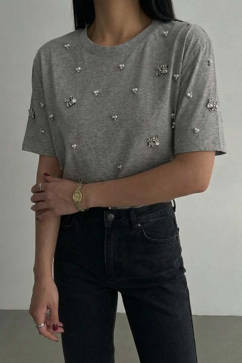 Tamana t-shirt με πέρλες και πέτρες γκρι - Image 2