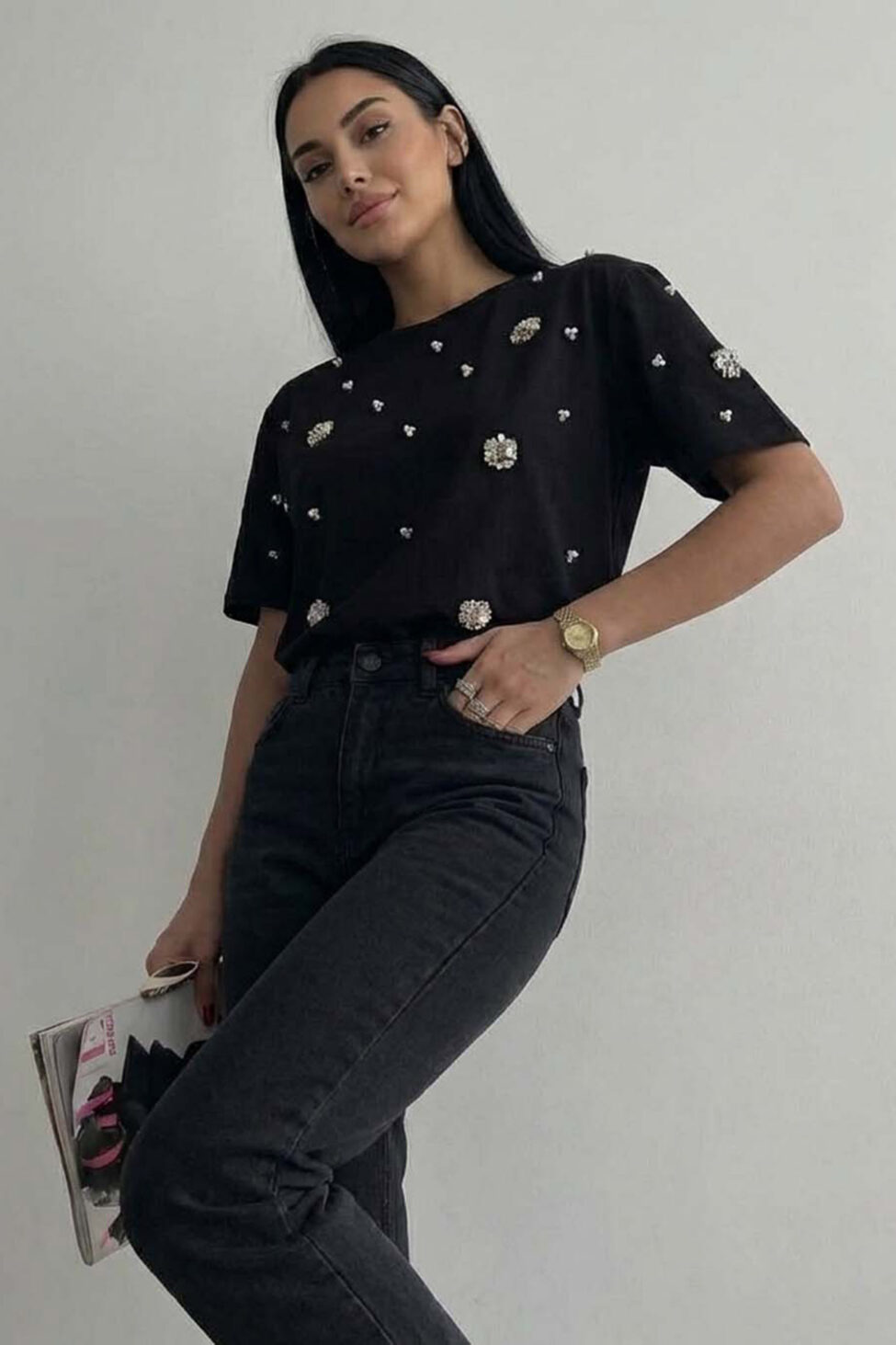 Tamana t-shirt με πέρλες και πέτρες μαύρο - Image 2
