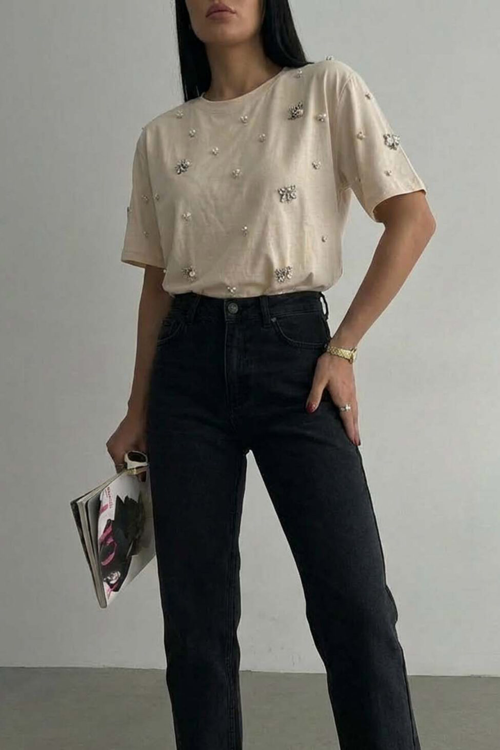 Tamana t-shirt με πέρλες και πέτρες μπεζ - Image 2