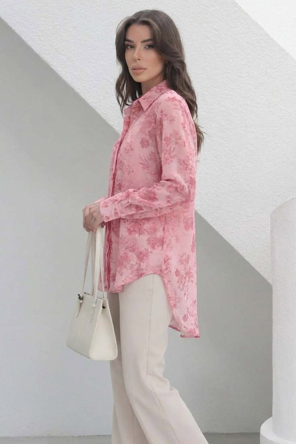 Tulip φλοράλ πουκάμισο μουσελίνα ροζ - Image 2