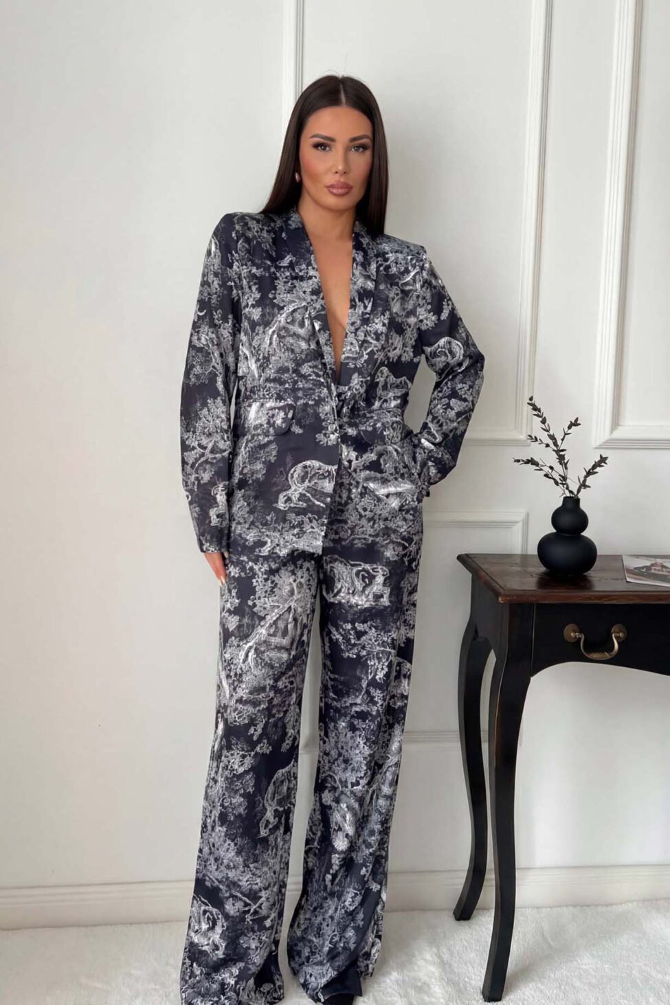 Adele σετ σακάκι - παντελόνι εμπριμέ γκρι σκούρο - Image 3