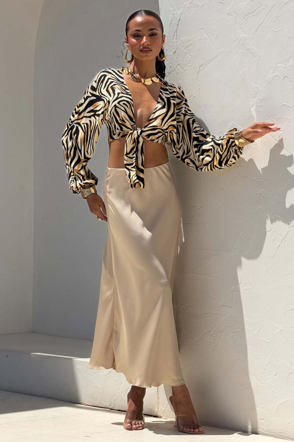 Akira μίντι σατέν φούστα μπεζ - Image 5