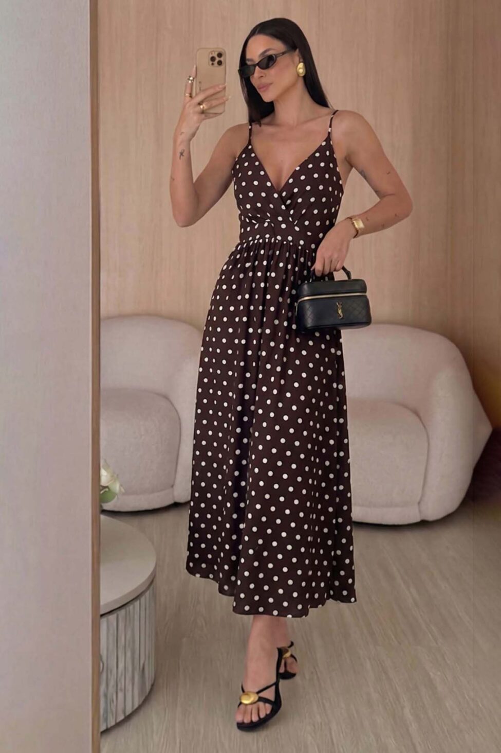 Arista μίντι πουά φόρεμα με λεπτές τιράντες καφέ - Image 2