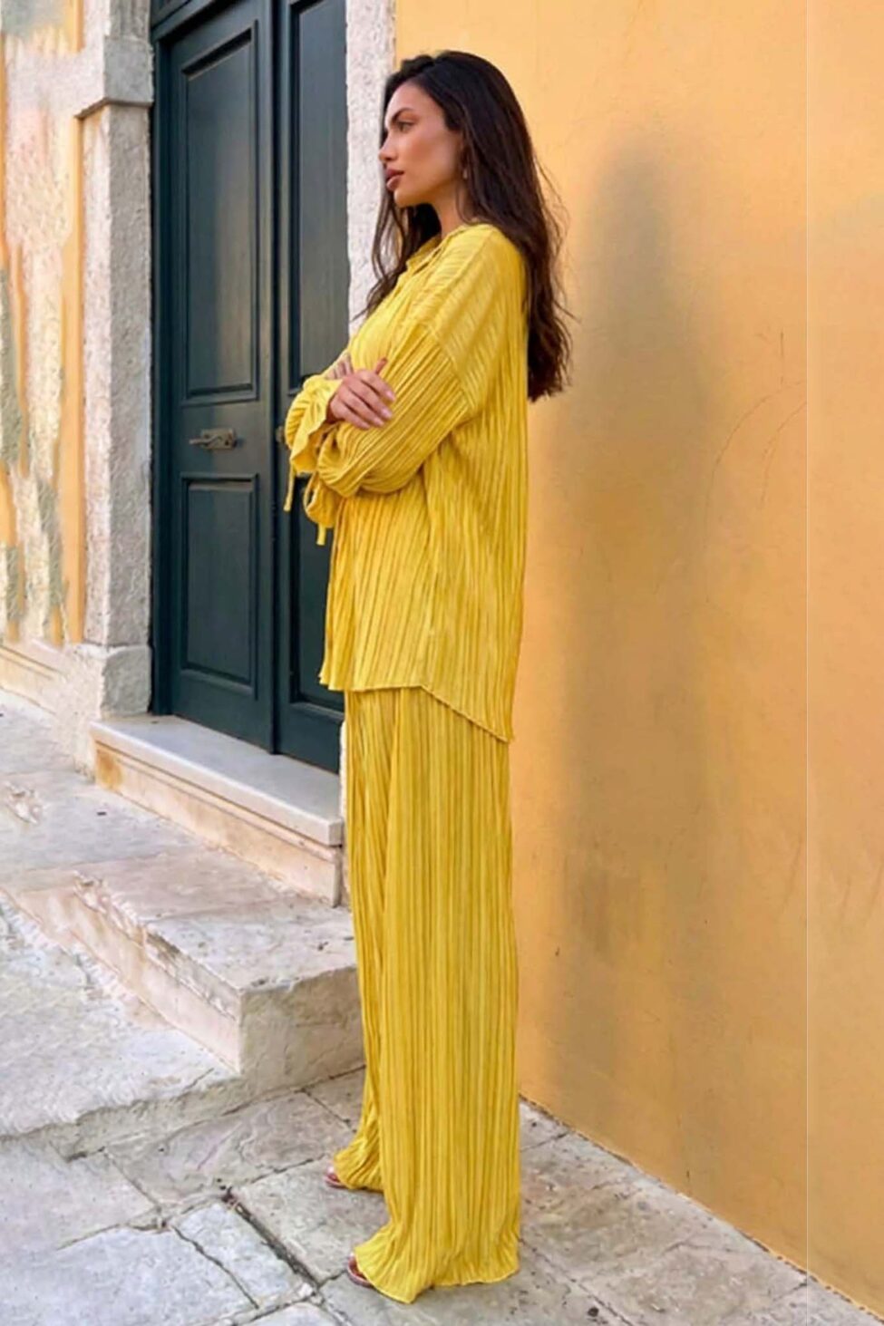 Axelia σετ πουκάμισο - παντελόνα πλισέ κίτρινο - Image 2