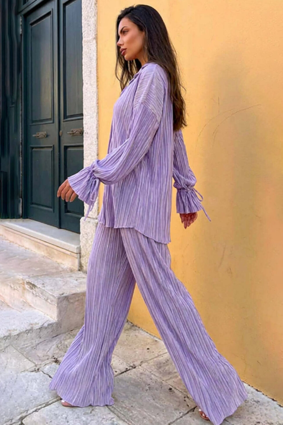Axelia σετ πουκάμισο - παντελόνα πλισέ λιλά - Image 2