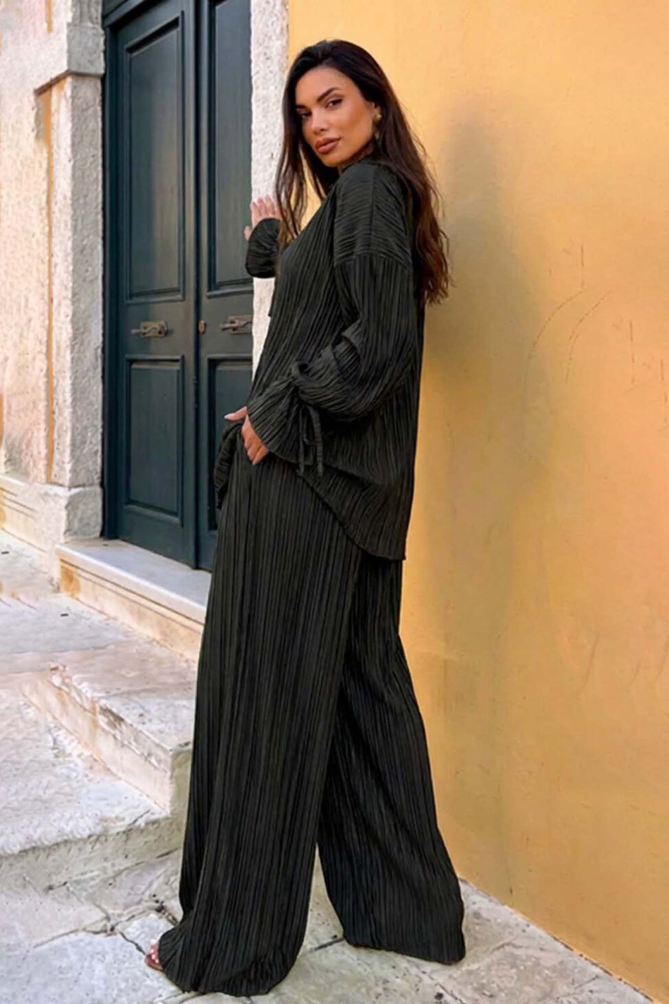 Axelia σετ πουκάμισο - παντελόνα πλισέ μαύρο - Image 2
