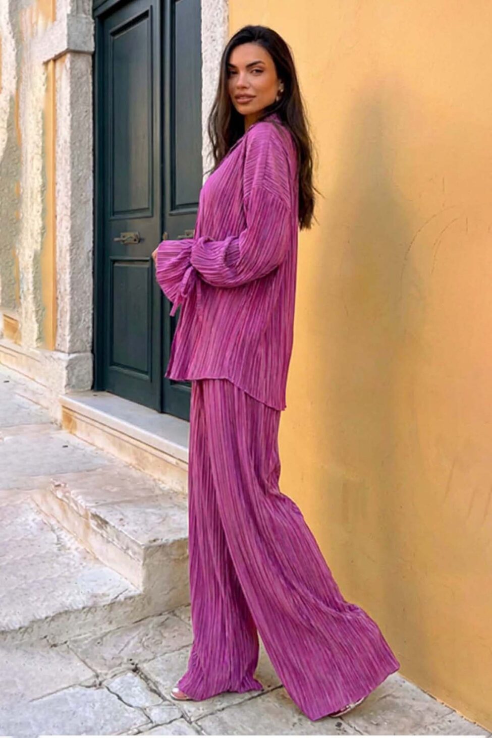 Axelia σετ πουκάμισο - παντελόνα πλισέ μωβ - Image 2