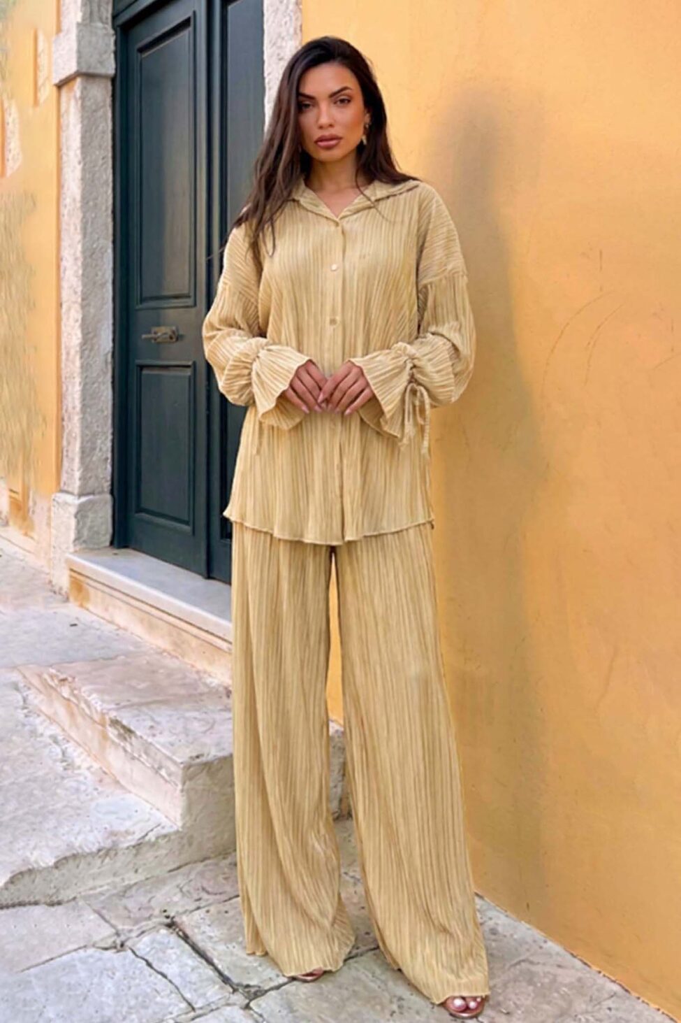 Axelia σετ πουκάμισο - παντελόνα πλισέ μπεζ - Image 2
