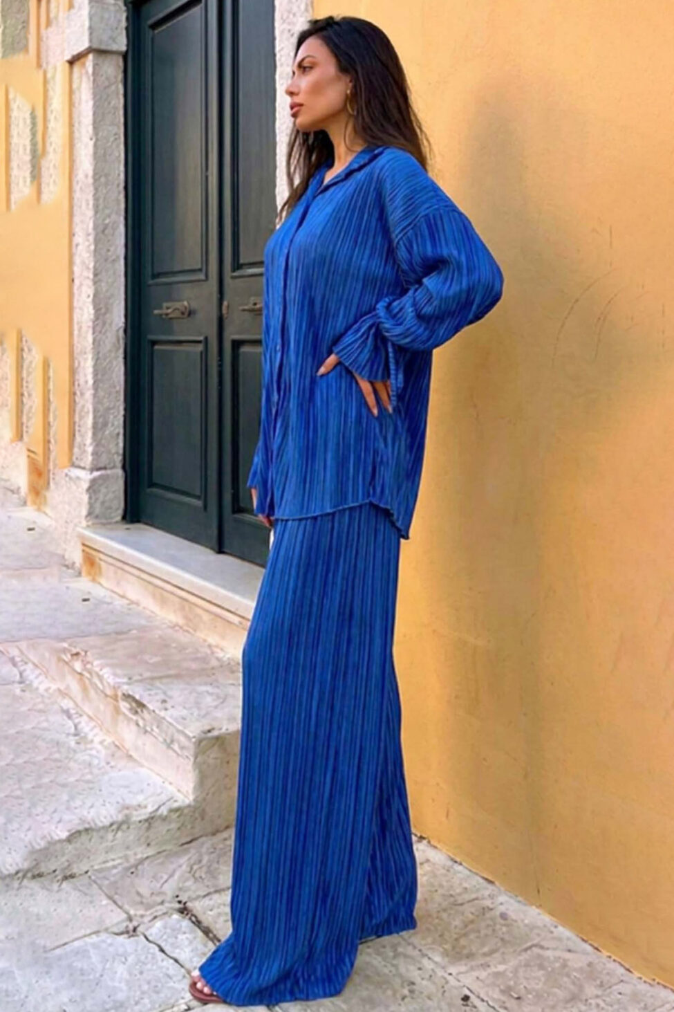 Axelia σετ πουκάμισο - παντελόνα πλισέ μπλε ρουά - Image 2