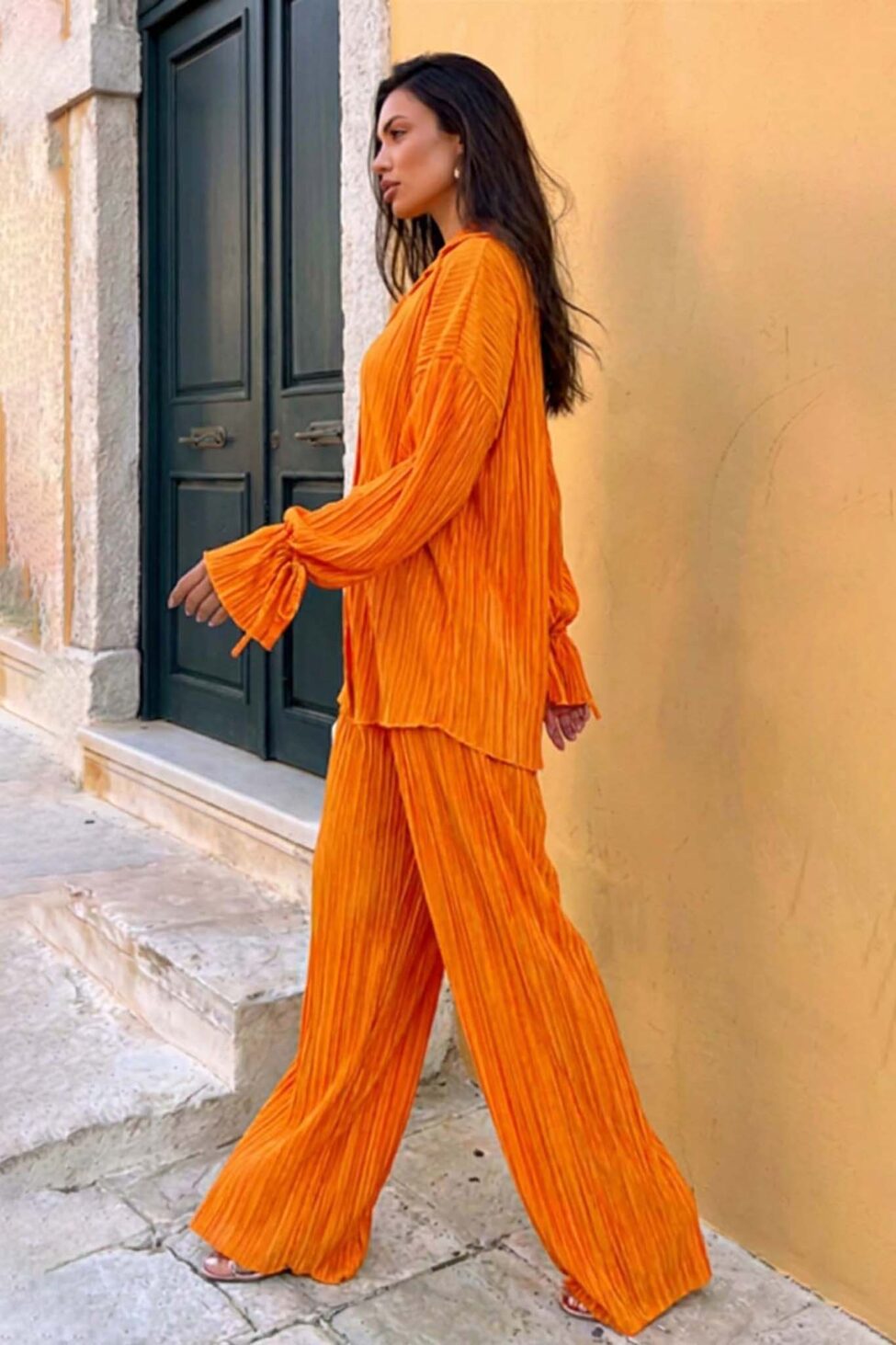 Axelia σετ πουκάμισο - παντελόνα πλισέ πορτοκαλί - Image 2