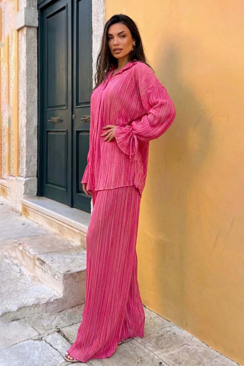 Axelia σετ πουκάμισο - παντελόνα πλισέ ροζ - Image 2