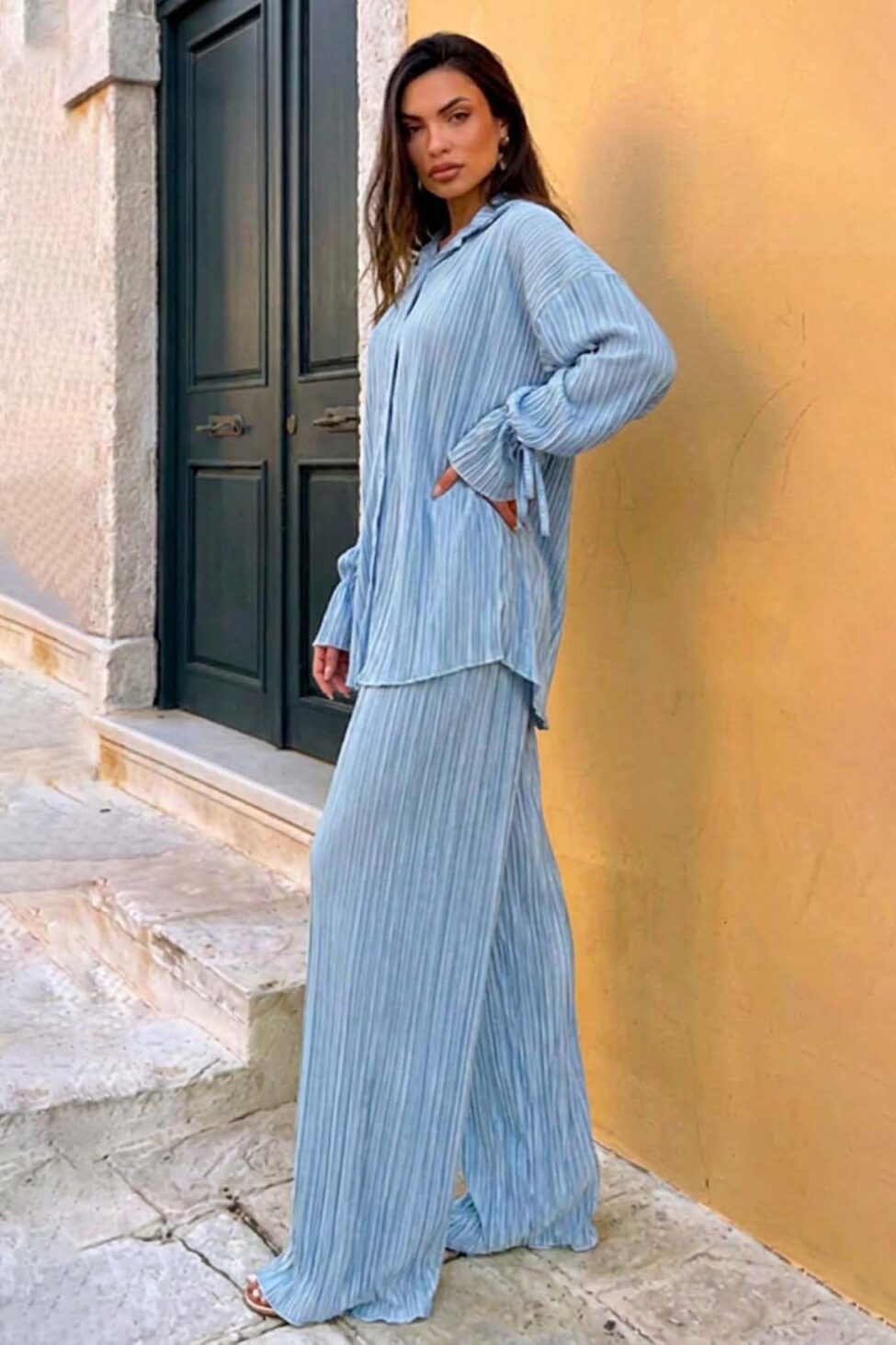 Axelia σετ πουκάμισο - παντελόνα πλισέ σιελ - Image 2
