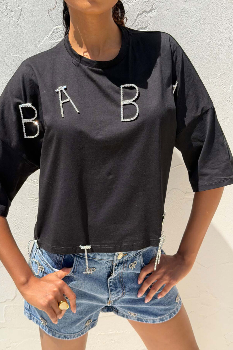 Baby t-Shirt κοντομάνικη μπλούζα με στρας μαύρο - Image 2