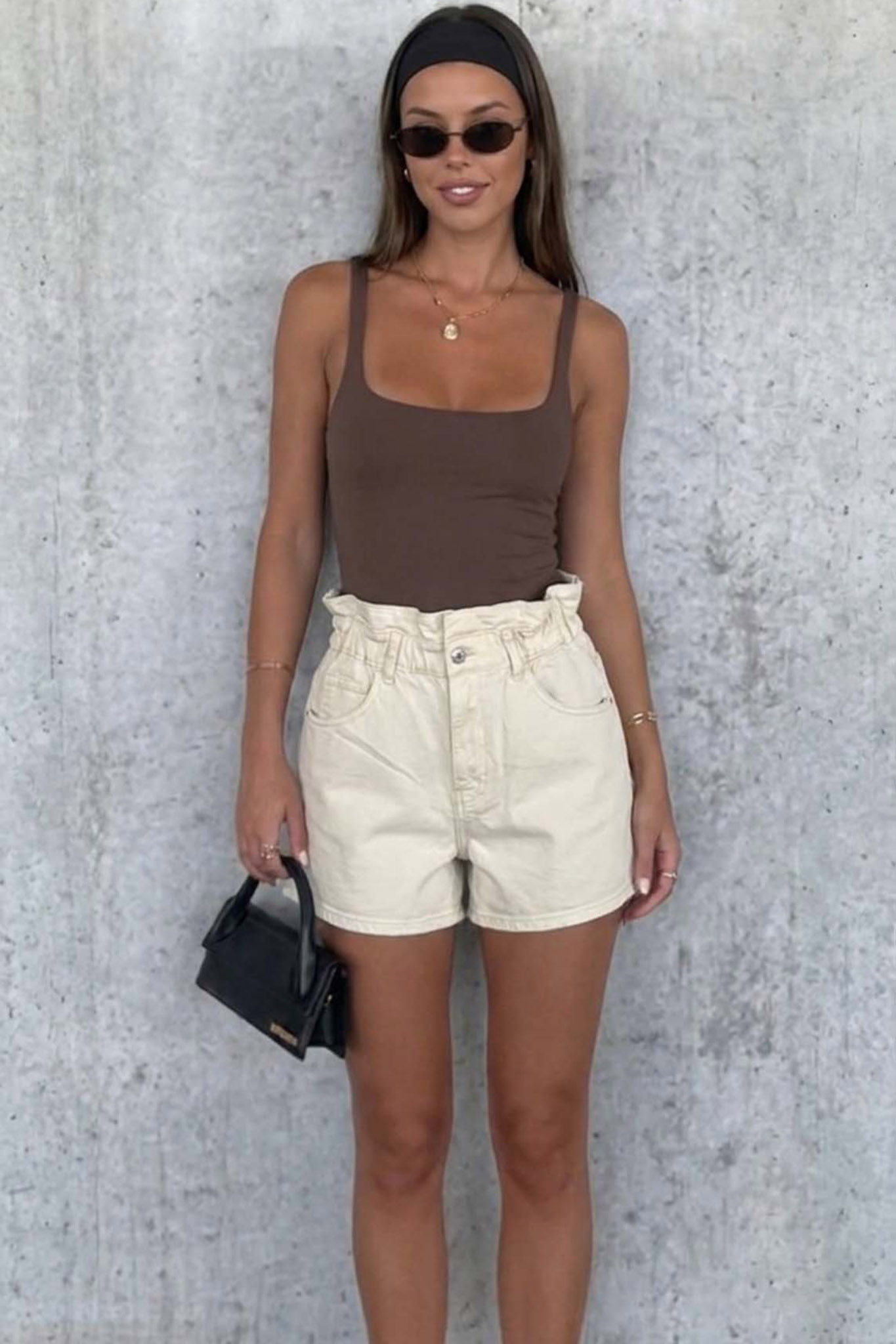 Basicia τζιν σορτς ψηλόμεσο με λάστιχο στη μέση εκρού - Image 1