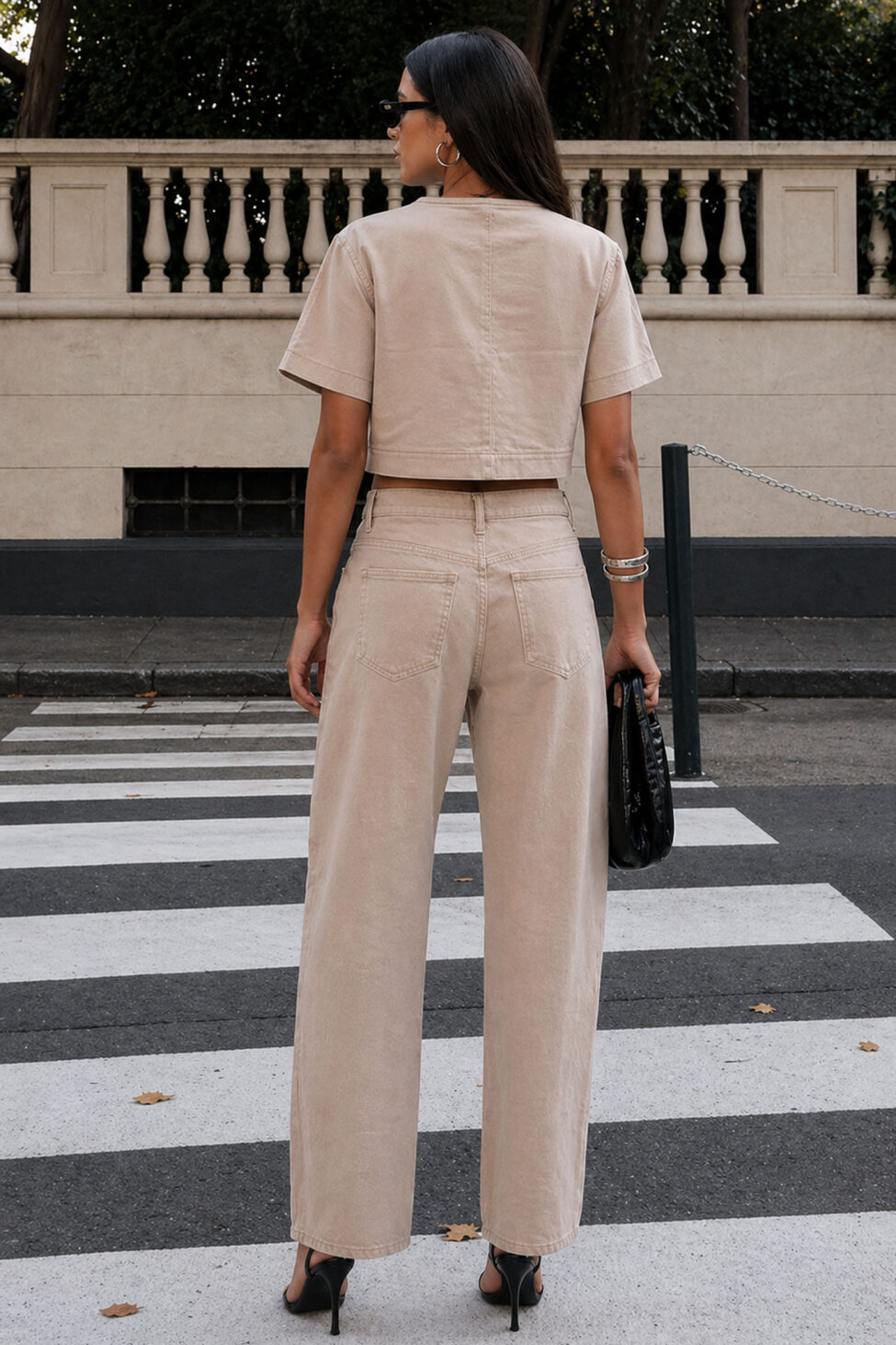 Binx τζιν σετ τοπ παντελόνι ψηλόμεσο σε ίσια γραμμή μπεζ - Image 2