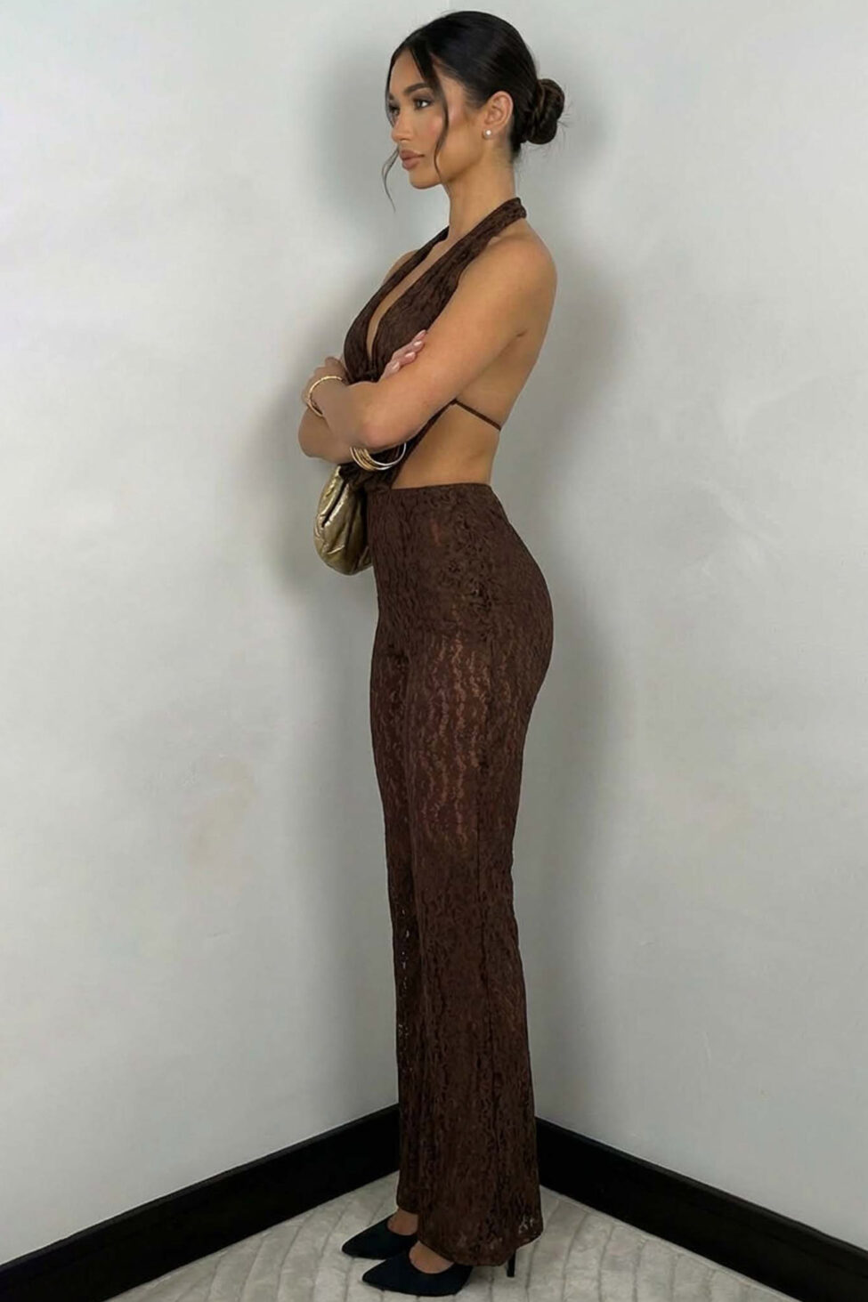 Cochise σετ τοπ με παντελόνα με δαντέλα καφέ - Image 2