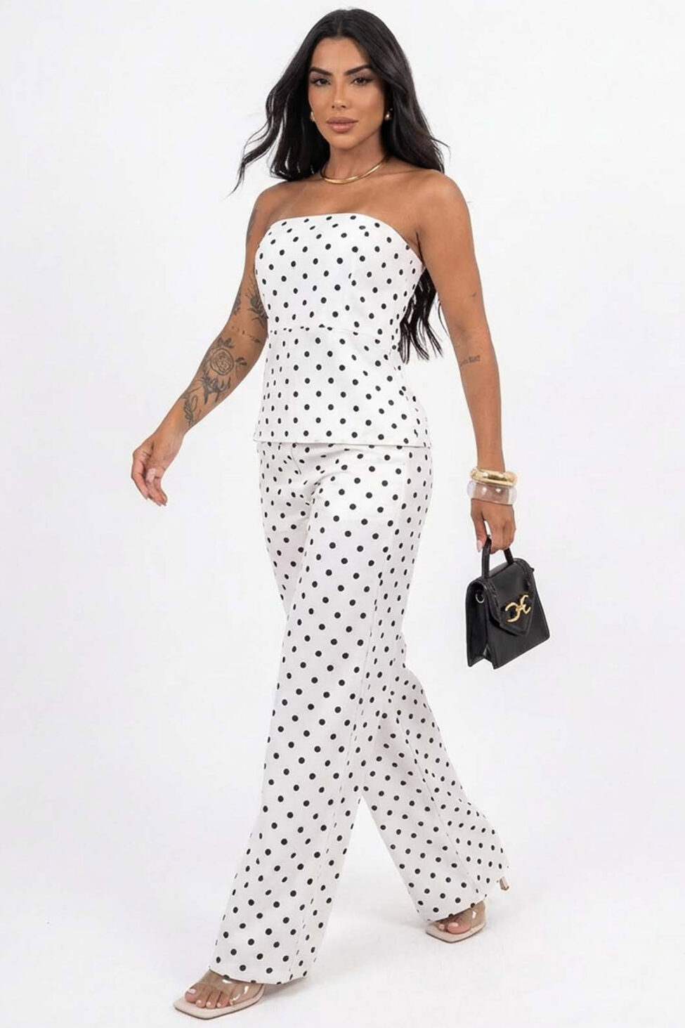 Crude σετ στράπλες - παντελόνι πουά λευκό - Image 2