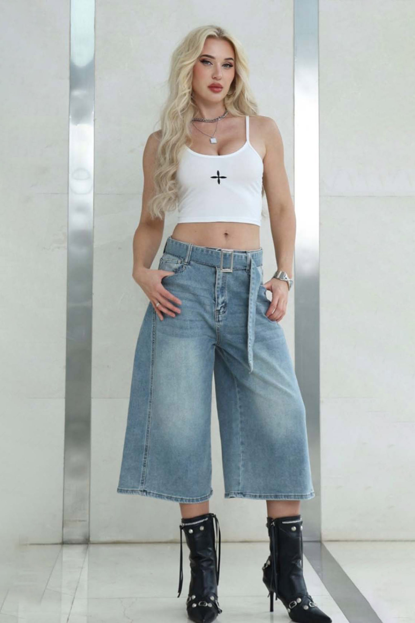 Darsen tζιν σορτς βερμούδα με ζώνη και φαρδιά γραμμή γαλάζιο - Image 1