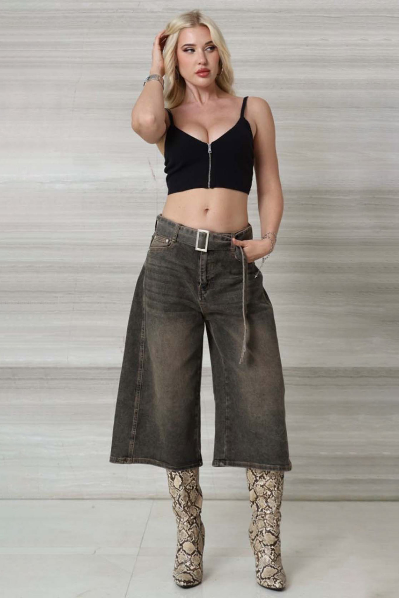 Darsen tζιν σορτς βερμούδα με ζώνη και φαρδιά γραμμή γκρι - Image 1