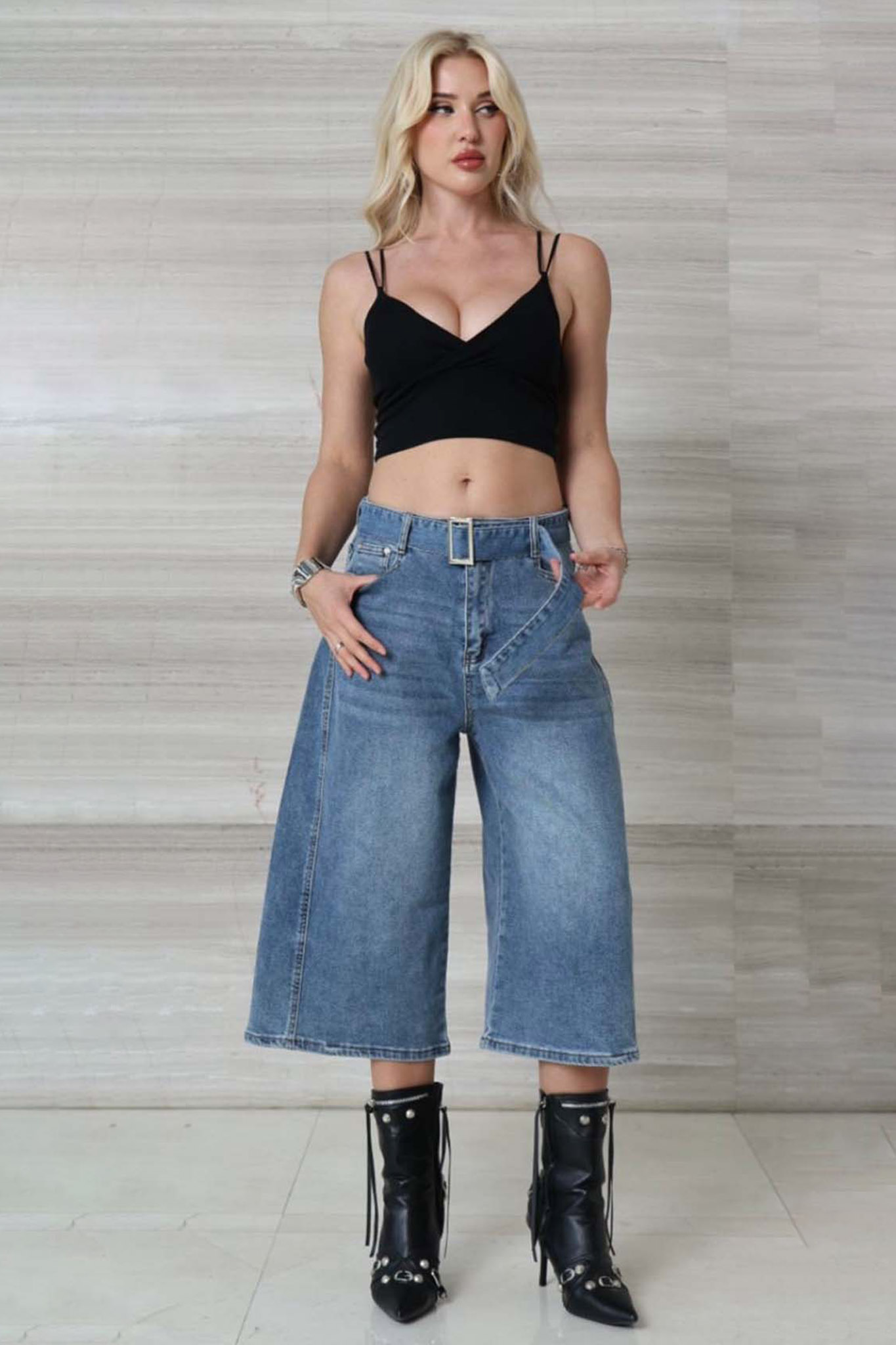 Darsen tζιν σορτς βερμούδα με ζώνη και φαρδιά γραμμή μπλε - Image 1