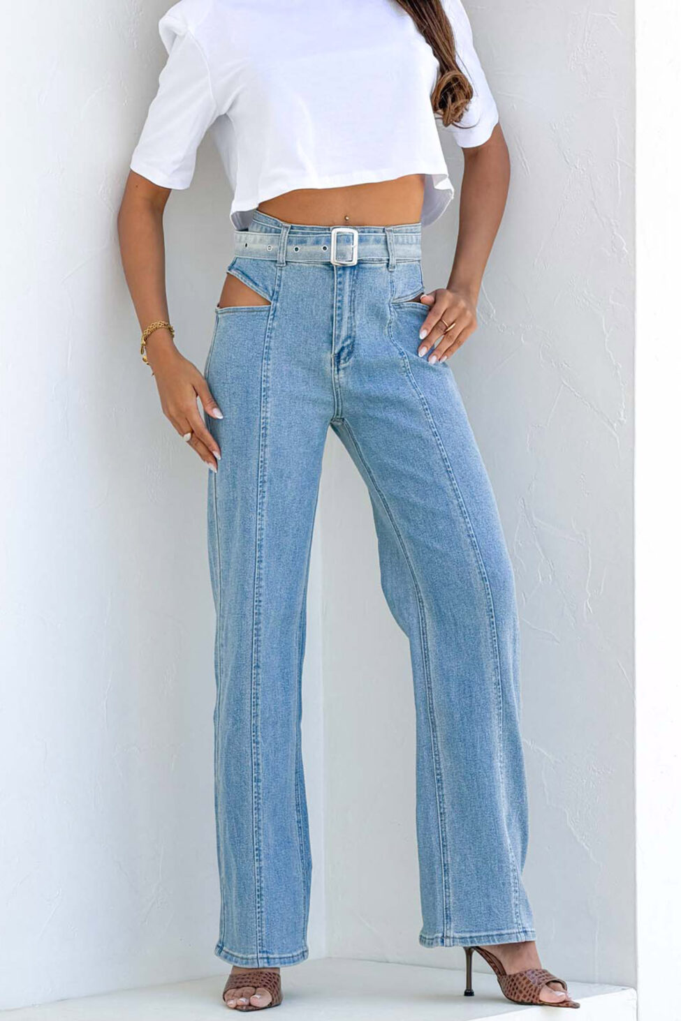 Debra τζιν παντελόνι με ζώνη και cut outs μπλε - Image 2