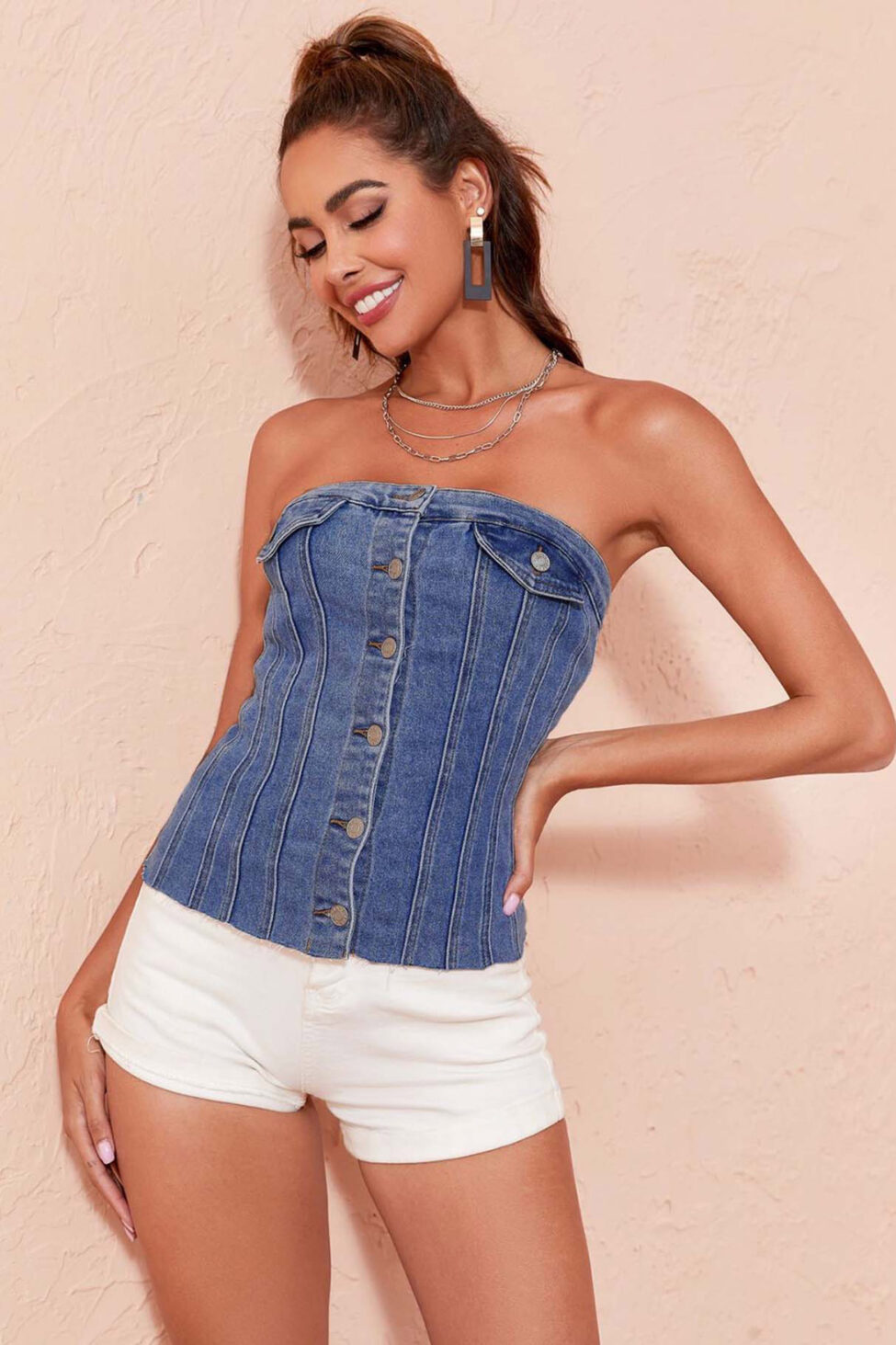 Denelle στράπλες τζιν τοπ κορσέ με κουμπιά μπλε - Image 2