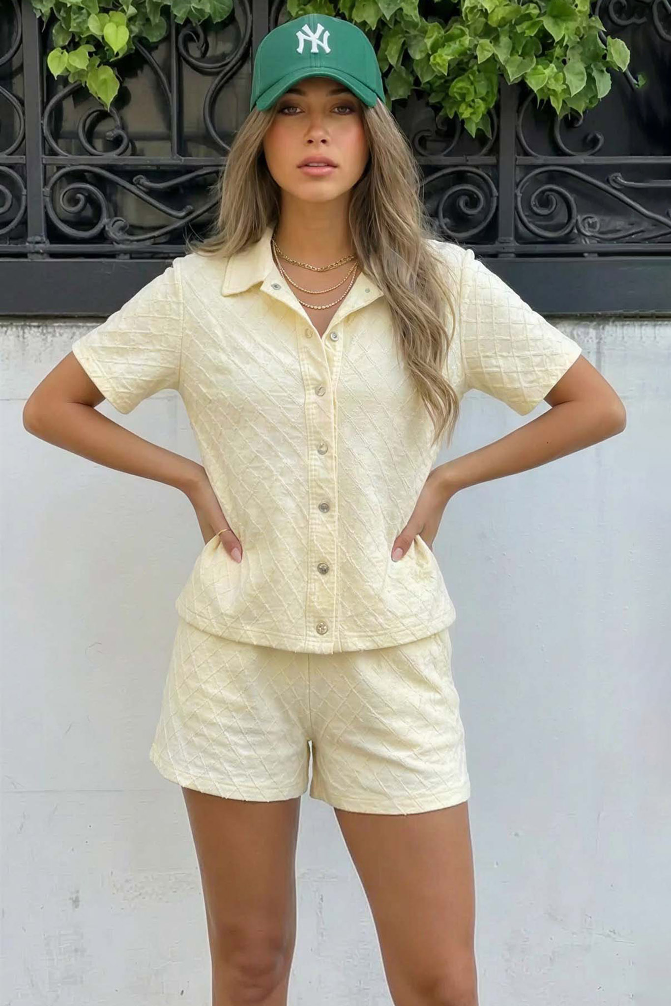 Denora Σετ denim με κοντομάνικο πουκάμισο και σορτς κίτρινο - Image 1