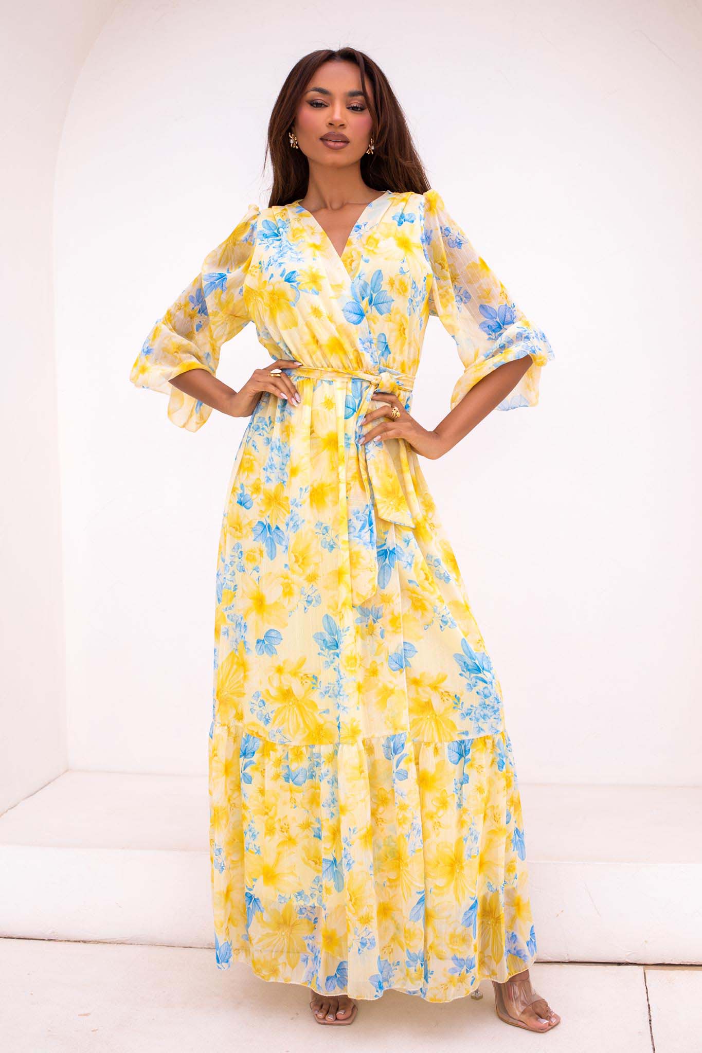 Elvira φόρεμα μάξι φλοράλ κορουαζέ με βολάν και μανίκια καμπάνα κίτρινο - Image 1