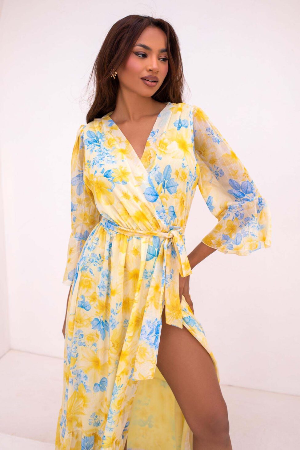 Elvira φόρεμα μάξι φλοράλ κορουαζέ με βολάν και μανίκια καμπάνα κίτρινο - Image 2