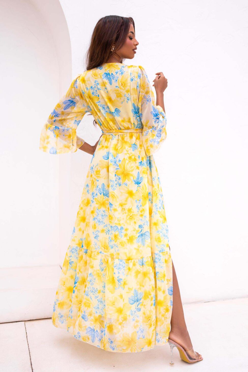 Elvira φόρεμα μάξι φλοράλ κορουαζέ με βολάν και μανίκια καμπάνα κίτρινο - Image 3
