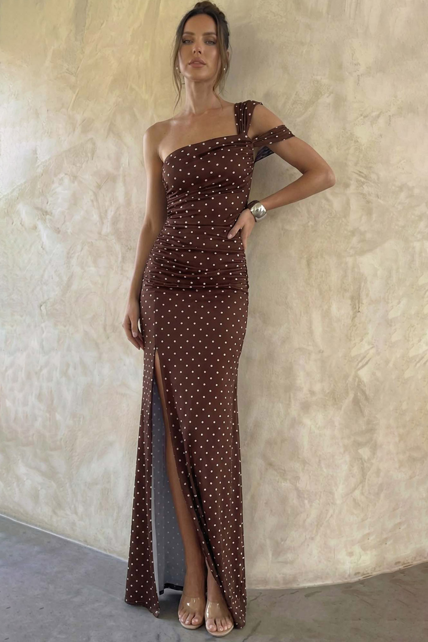 Etna φόρεμα μάξι πουά καφέ Etna φόρεμα μάξι πουά καφέ - Image 1