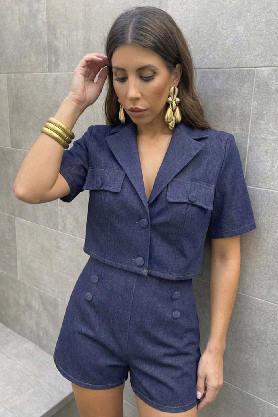 Eugenie σετ crop σακάκι σορτσάκι μπλε σκούρο - Image 3
