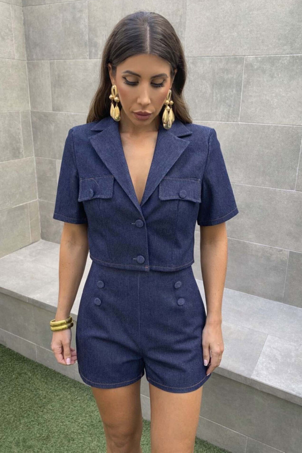 Eugenie σετ crop σακάκι σορτσάκι μπλε σκούρο - Image 5