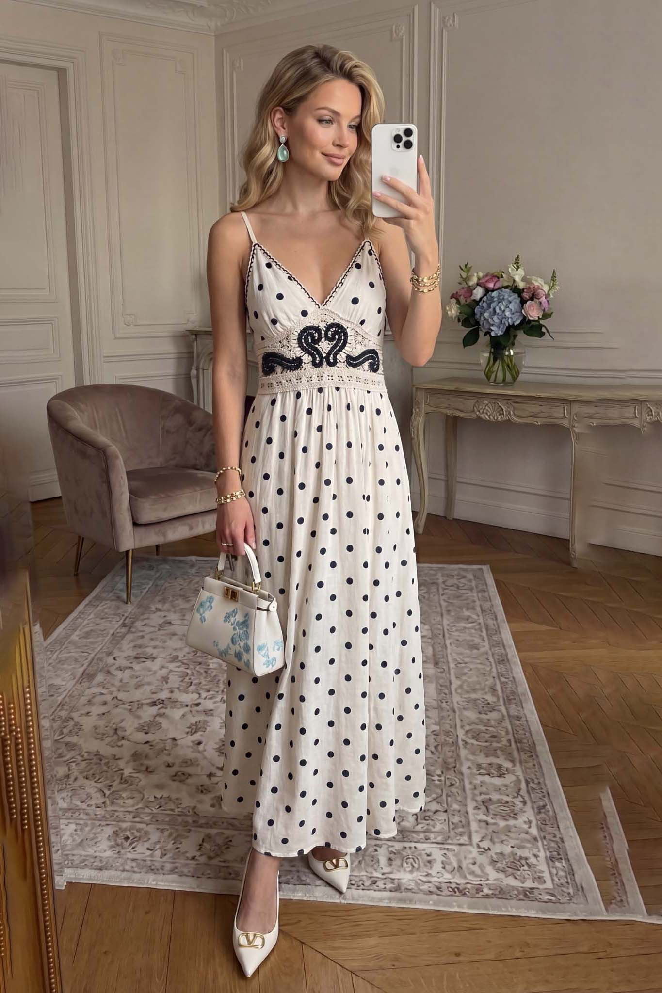 Faelin μίντι πουά φόρεμα λευκό Faelin μίντι πουά φόρεμα λευκό - Image 1