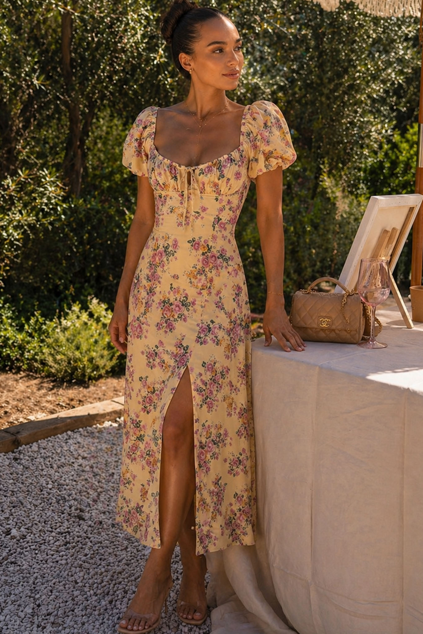 Florina Φόρεμα μάξι φλοράλ με σκίσιμο και εφαρμοστό μπούστο κίτρινο - Image 1