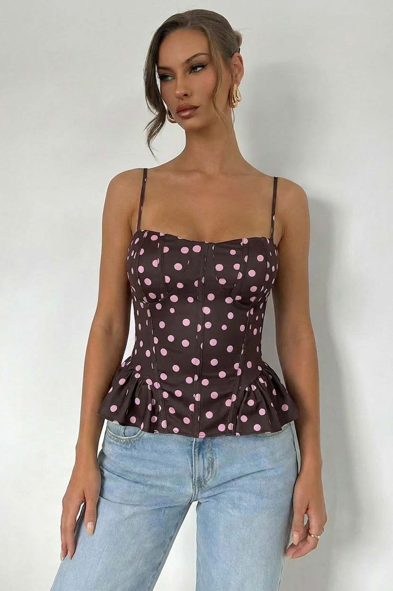 Geisha κορσές πουά με λεπτές τιράντες και βολάν καφέ - Image 1