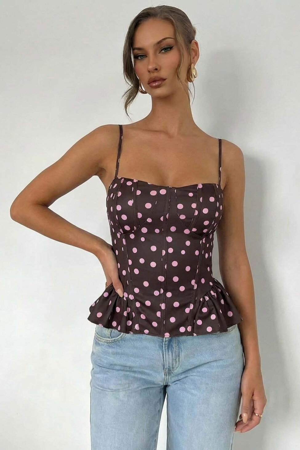 Geisha κορσές πουά με λεπτές τιράντες και βολάν καφέ - Image 2