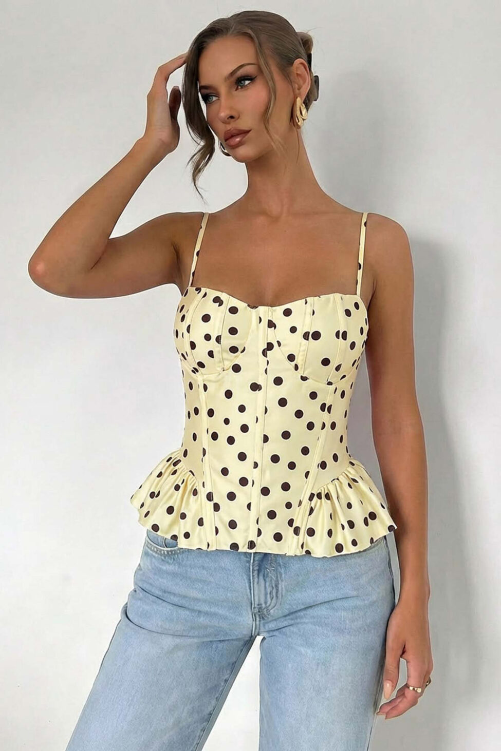 Geisha κορσές πουά με λεπτές τιράντες και βολάν κίτρινο - Image 2